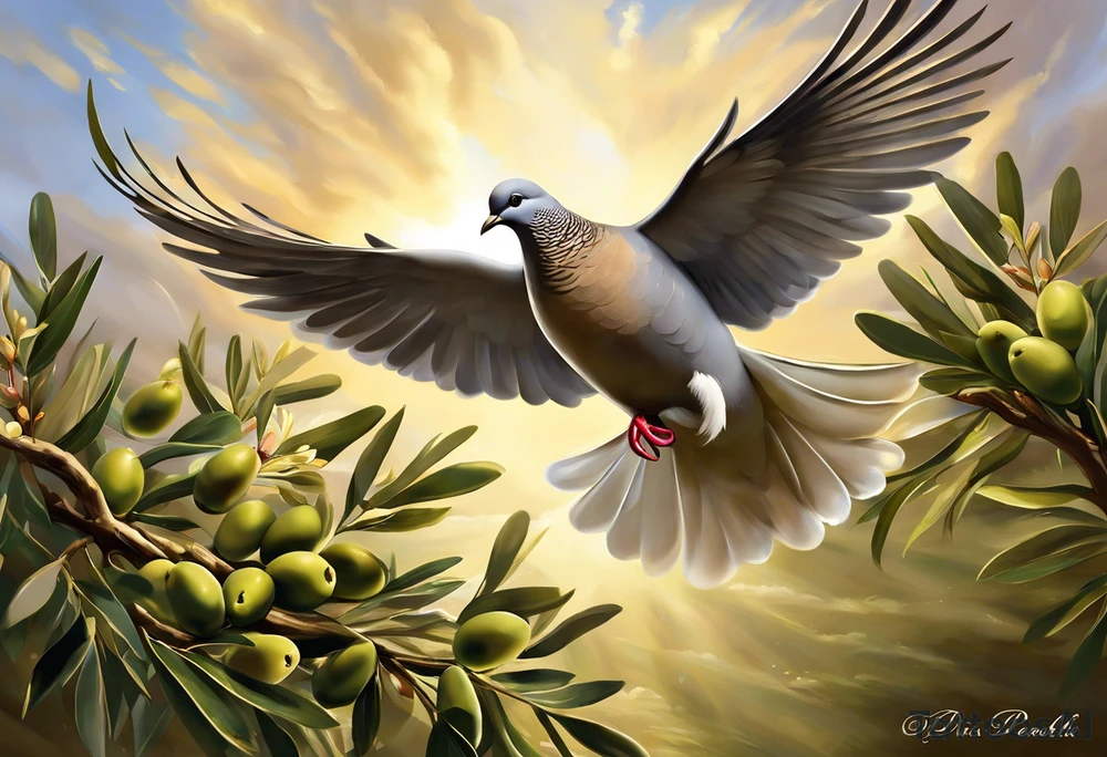 Dove soring through the air clasping an olive branch in its talons. The olive branch is fluttering in the wind with leaves from the branch floating behind the dove. The leaves transform into spear heads the further away from the dove they get. The words 'Si vis Pacem, para bellum' is boldly transcribed underneath the scene tattoo idea