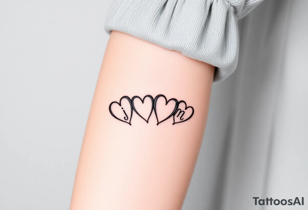 four hearts with the initials "j" "e" "m" "m" in each heart tattoo idea four hearts with the initials "j" "e" "m" "m" in each heart tattoo idea