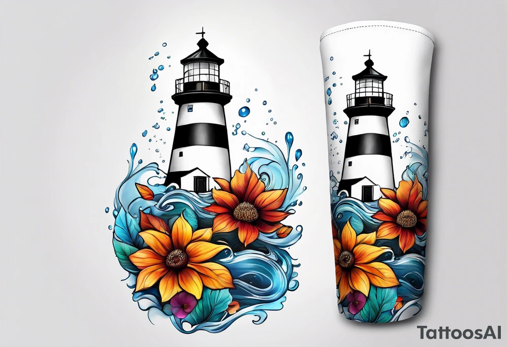 Arm sleeve with fall colors, various flowers, water flow, water splash, light house tattoo idea