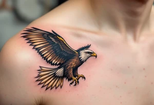 A majestic eagle in flight with wings spread wide, its feathers detailed in shades of deep brown, gold, and cream. tattoo idea