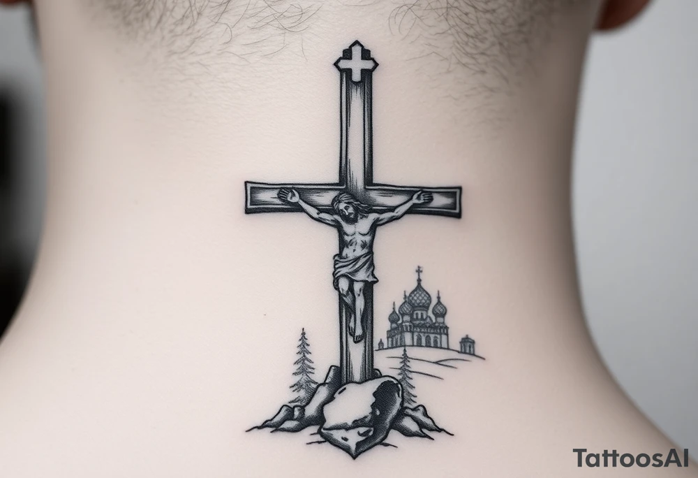 Traditional orthodox ICXC Christian cross with Jesus Christ on the cross also with the foot rest part of the cross in a Russian wilderness Kremlin setting tattoo idea