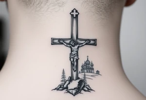 Traditional orthodox ICXC Christian cross with Jesus Christ on the cross also with the foot rest part of the cross in a Russian wilderness Kremlin setting tattoo idea