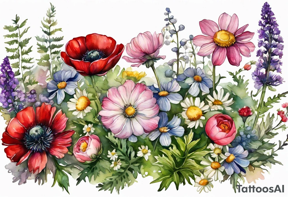 wildflowers with thistles, ferns, ranuculus, white anemones, sun flowers, red flowers, pink flowers, purple flowers, buttercups, babys breath, daisies, and greenery all in watercolor tattoo idea