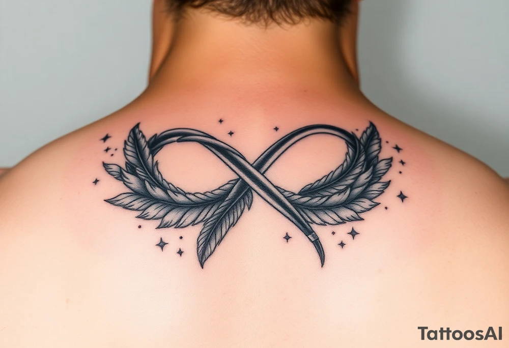 infinity symbol woven with floating feathers and stardust tattoo idea