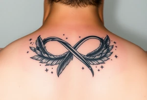 infinity symbol woven with floating feathers and stardust tattoo idea