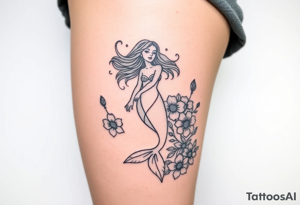 ethereal mermaid with flowing hair among coral and sea flowers tattoo idea