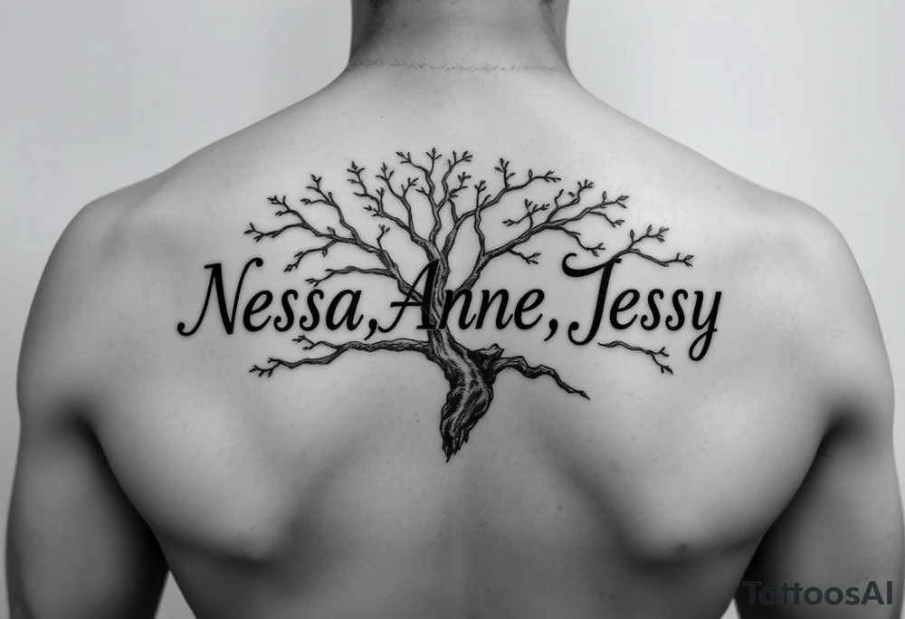 the name Nessa, Anne, Jessy
 on a live tree tattoo idea