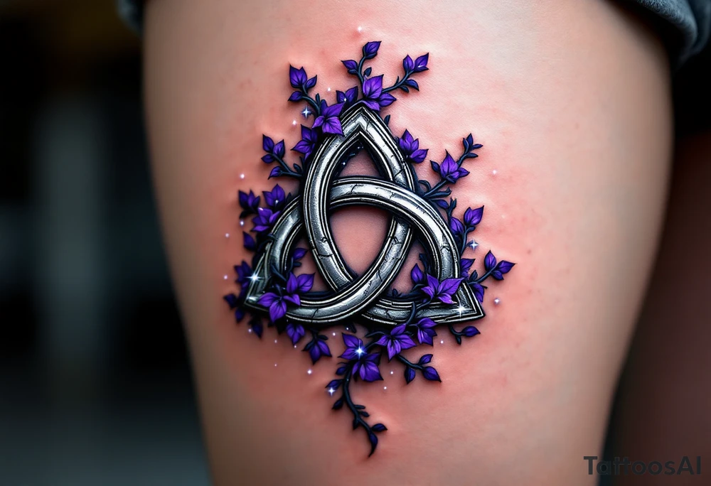 A silver triquetra wrapped in violet ivy vines and surrounded by dots of white light. tattoo idea