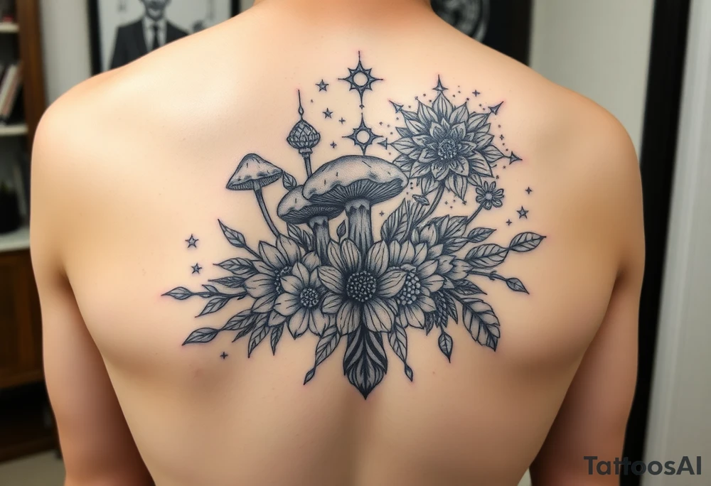 Could you possible make me a cool nature tattoo with mushrooms crystals  flowers mandala boho but colorful and psychedelic too that would wrap from front of hip around side to mid back to cover an existing one I have incorporating the stars I have already and only covering some tattoo idea