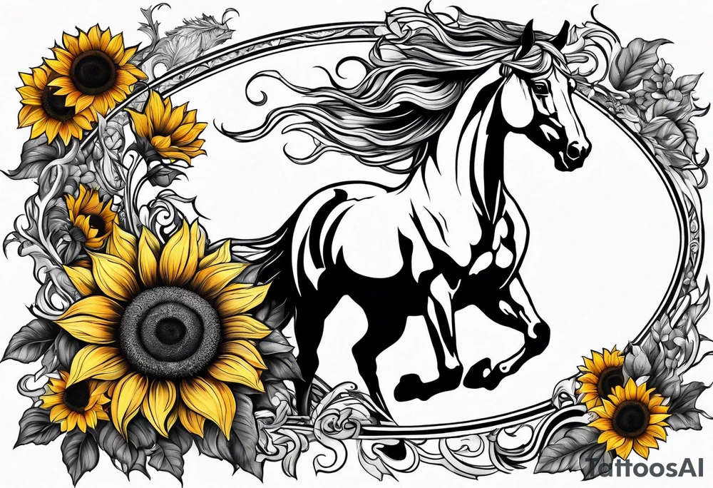 Realistic Horse, sunflower, and Yggdrasil tree tattoo idea Realistic Horse, sunflower, and Yggdrasil tree tattoo idea