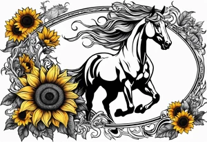 Realistic Horse,  sunflower, and Yggdrasil tree tattoo idea
