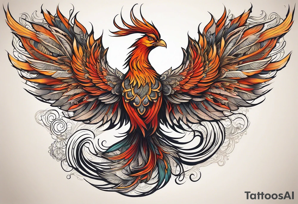 Tattoo: A powerful, majestic phoenix, depicted mid-flight or rising, with wings extended and feathers flowing. Deep shading and intricate details to bring out the texture and motion of the feathers. tattoo idea