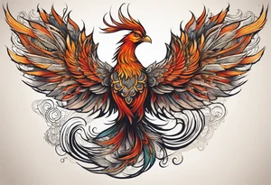Tattoo: A powerful, majestic phoenix, depicted mid-flight or rising, with wings extended and feathers flowing. Deep shading and intricate details to bring out the texture and motion of the feathers. tattoo idea