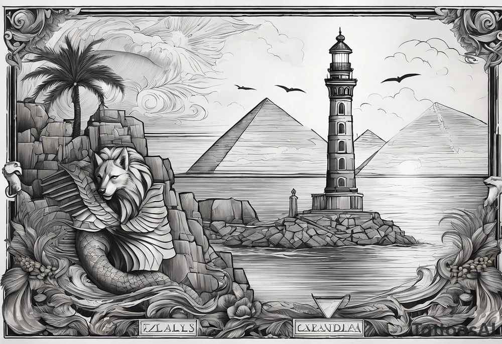 Lighthouse of Alexandria with Ankh and Eye of Ra hovering above it, pyramids and obelisk in background, below that is a marble bust of Caesar and laurels and a capitoline wolf, below is a stormy sea with Poseidon holding a trident and a sea serpent and sirens swimming, there are sunken ancient ruins of temples and pillars tattoo idea