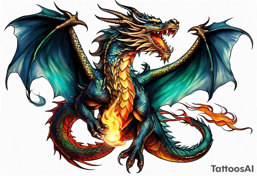 Flying dragon, breath fire tattoo idea