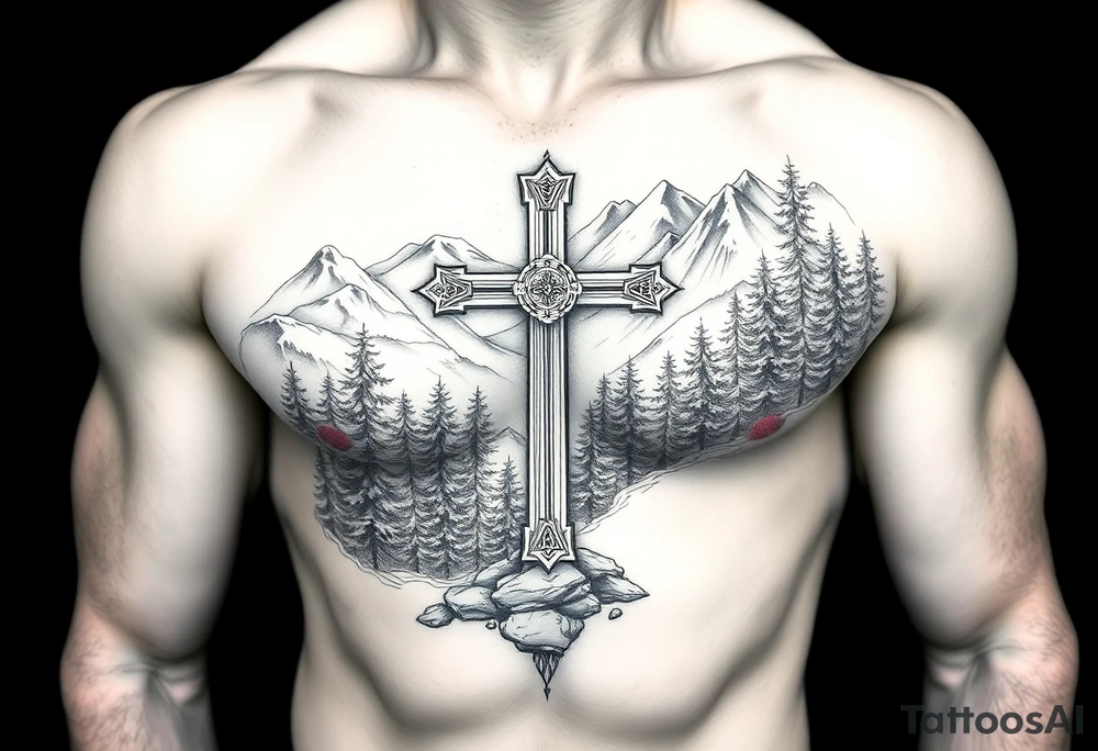 russian orthodox cross in a light forrest mountainous setting tattoo idea