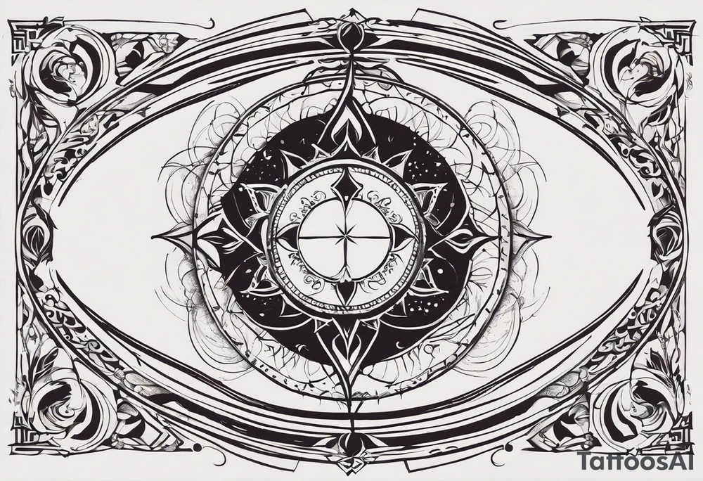 Here's the translation of the request into English:

Create a sketch for a male tattoo that reflects the concept of life purpose and spiritual growth. The tattoo should symbolize the idea of a higher plan assigned to a person before birth, and the path of spiritual realization. Include elements that personify the Universe, higher powers, or divine origin. The image should convey forward movement along life's path and ascension to a higher level of consciousness. The tattoo style should be masculine and philosophical, suitable for placement on the shoulder, forearm, or chest. tattoo idea