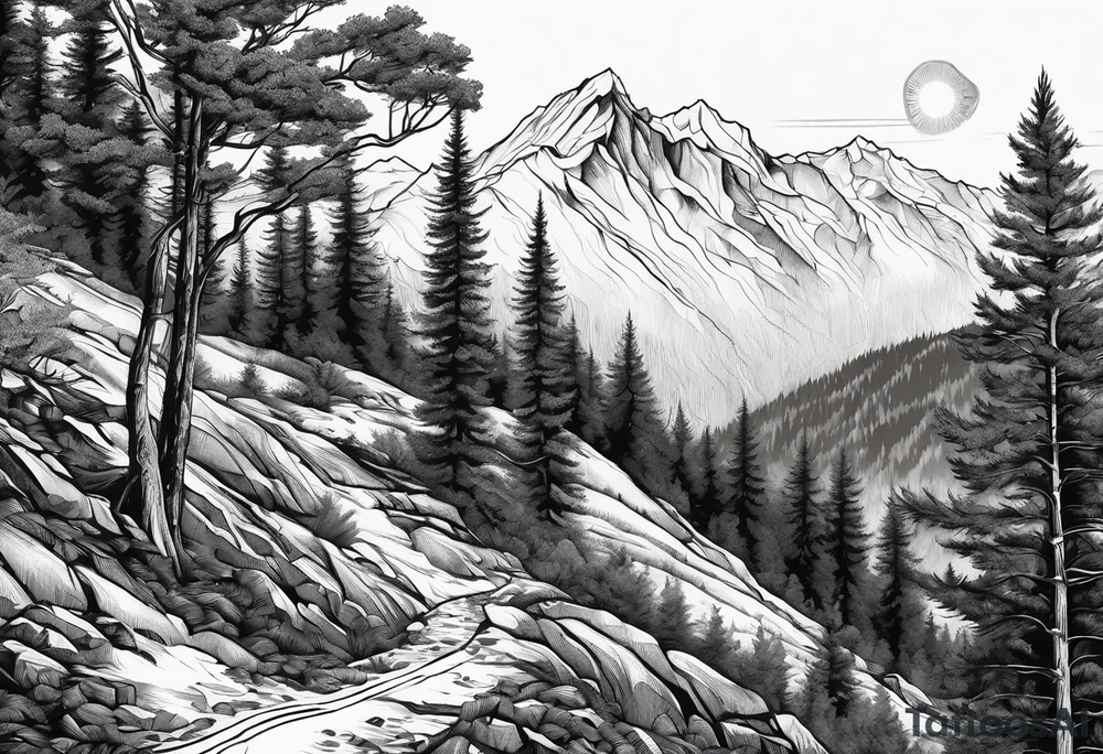 large trees on the side of mountain with mountains and sun skier coming down mountain tattoo idea