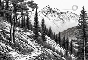 large trees on the side of mountain with mountains and sun skier coming down mountain tattoo idea