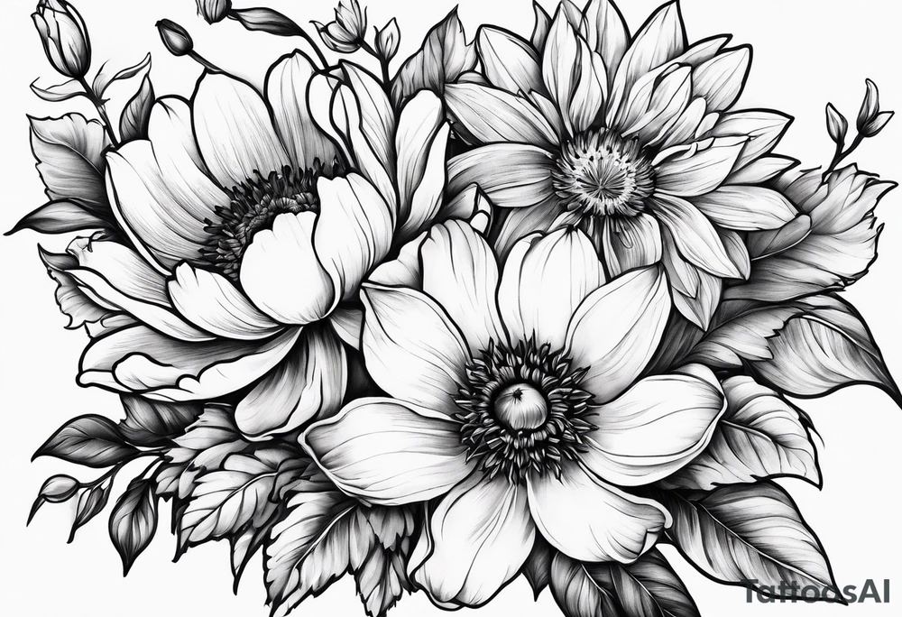 cherry blossom, peony, sunflower, tulip, lily bouquet tattoo idea