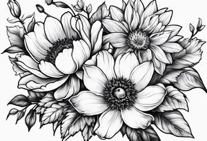 cherry blossom, peony, sunflower, tulip, lily bouquet tattoo idea
