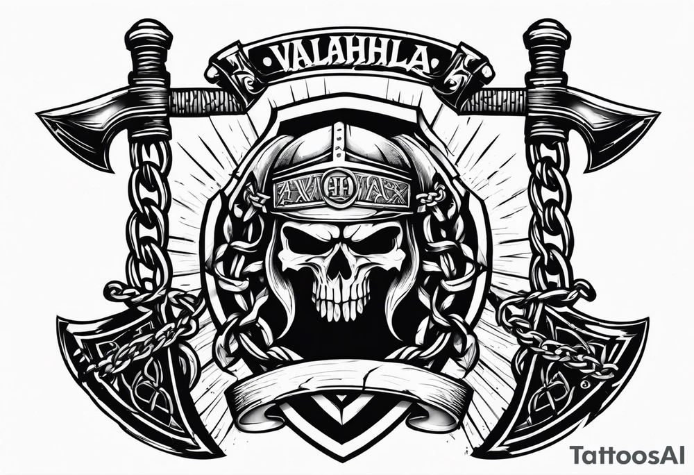 Valhalla sword shield axe barbed wire chains dark cloud tattoo idea
