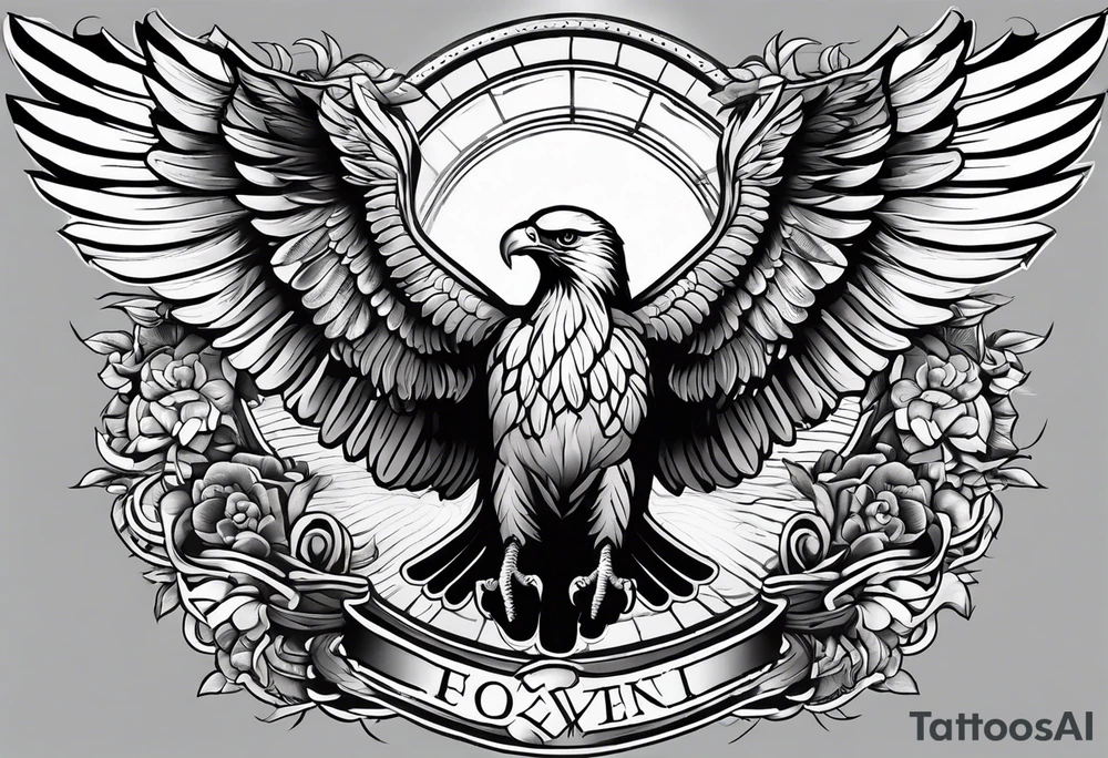 idea of pain for glory in life, discipline and catholic religion. Tattoo on the back with an eagle , 2 doves and fish tattoo idea