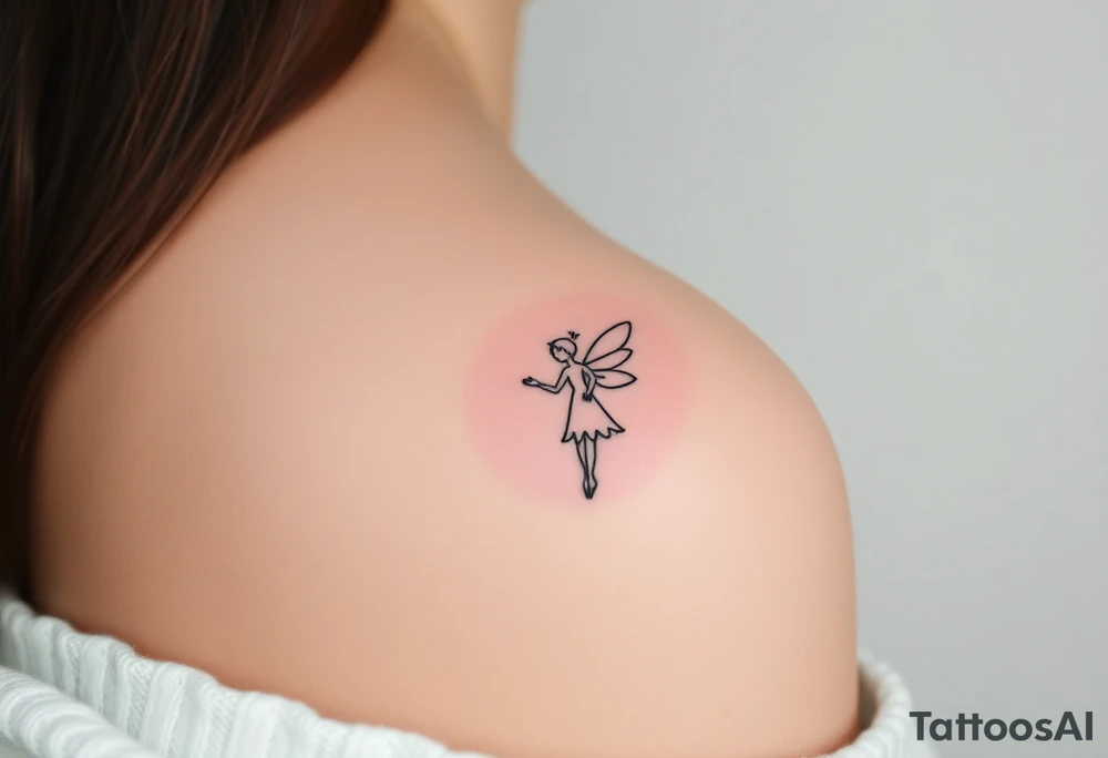 simple logo-style androgynous fairy/angel tattoo for girl's shoulder, lines only black ink. the tattoo is small showing the whole body/figure of the angel tattoo idea