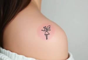 simple logo-style androgynous fairy/angel tattoo for girl's shoulder, lines only black ink. the tattoo is small showing the whole body/figure of the angel tattoo idea