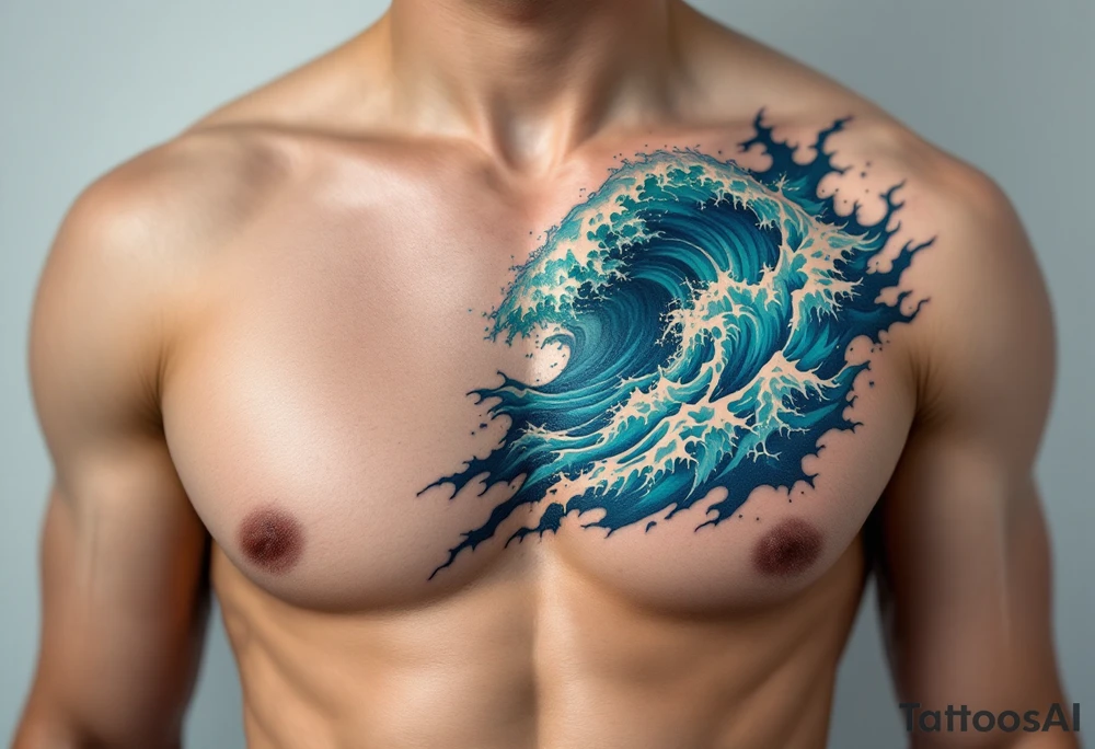 A crashing ocean wave in shades of emerald and cobalt crashes down the spine. tattoo idea