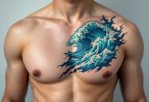 A crashing ocean wave in shades of emerald and cobalt crashes down the spine. tattoo idea