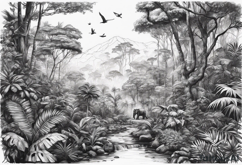 Rainforest with a lot of trees and animals roaming tattoo idea