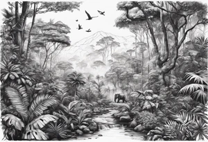 Rainforest with a lot of trees and animals roaming tattoo idea