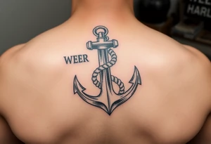 weathered anchor wrapped in nautical rope with sea waves tattoo idea