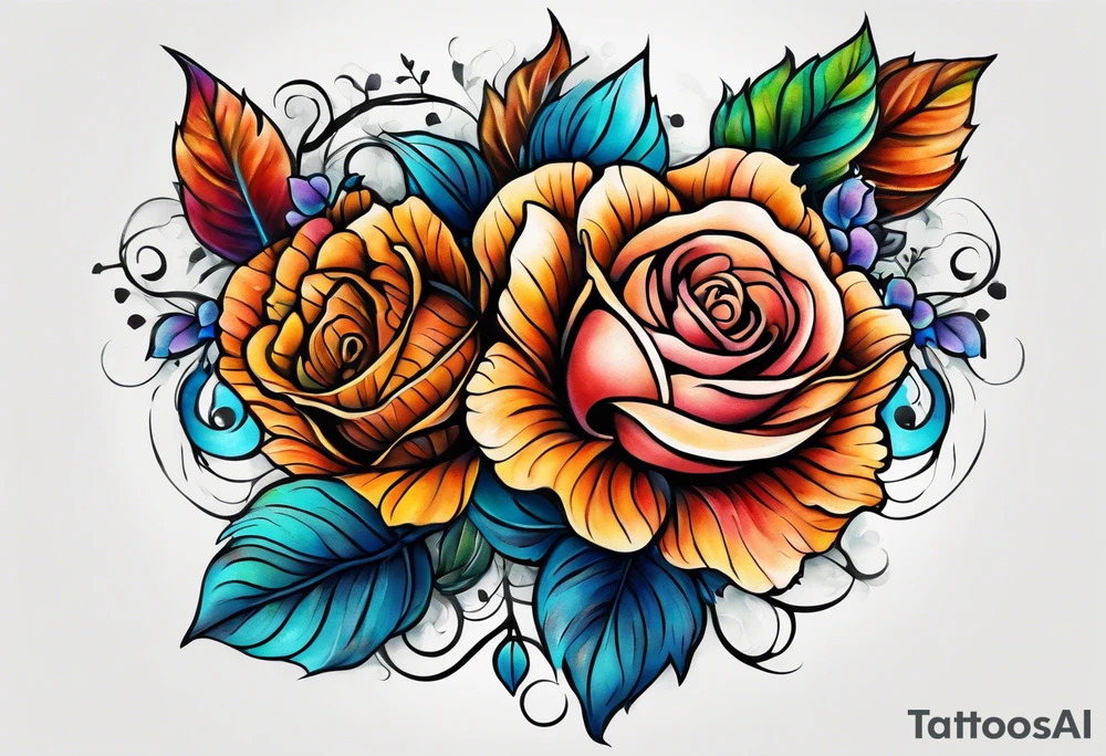 Front knee tattoo with fall colors, small flowers, rose, leaves, blue water flows with washes and background tattoo idea