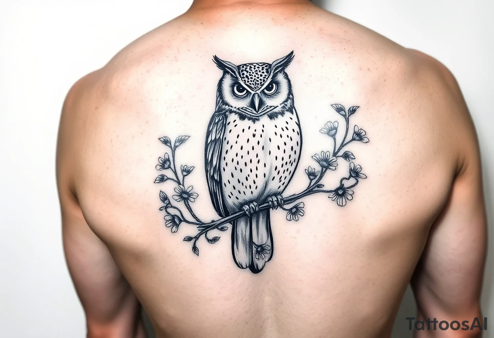 Owl sitting on a branch of violets tattoo idea