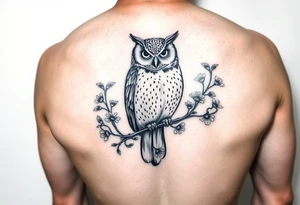 Owl sitting on a branch of violets tattoo idea