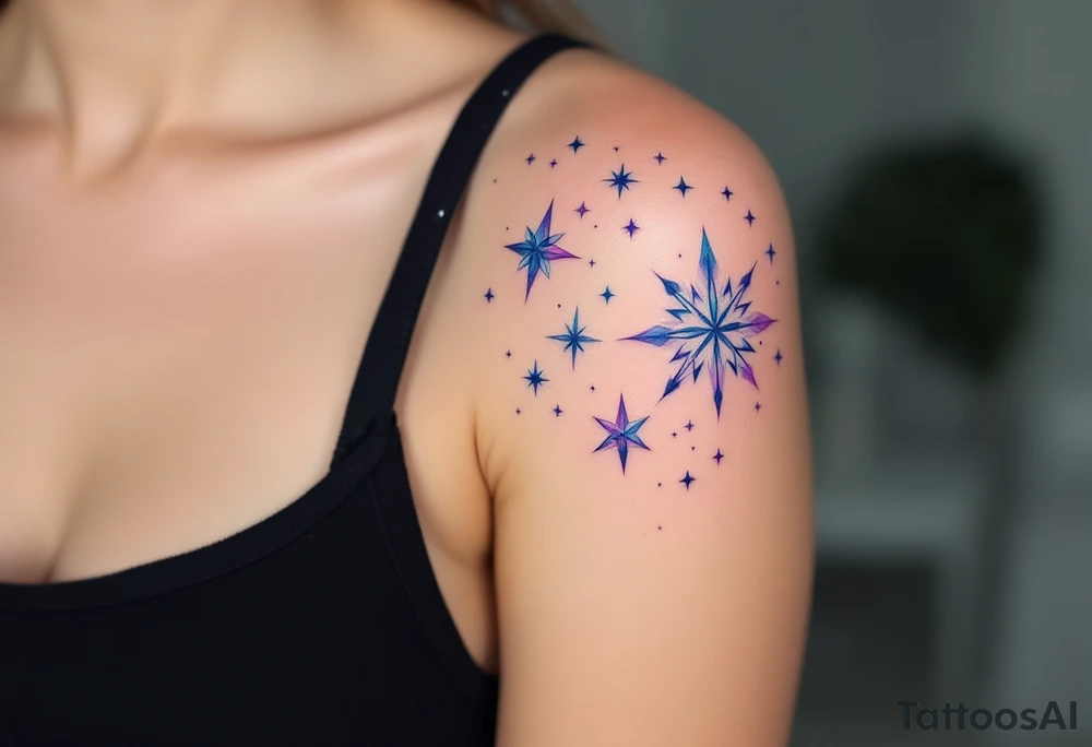 Watercolor-style Capricorn stars in soft blues and purples, fading like a cosmic dream across the shoulder. tattoo idea