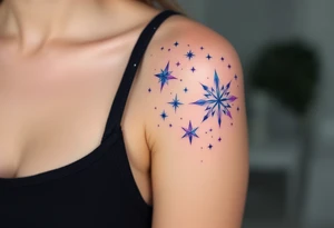 Watercolor-style Capricorn stars in soft blues and purples, fading like a cosmic dream across the shoulder. tattoo idea