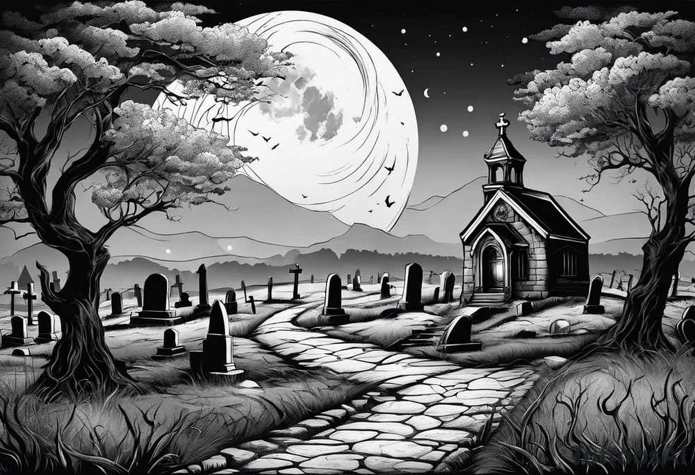 graveyard with moon tattoo idea