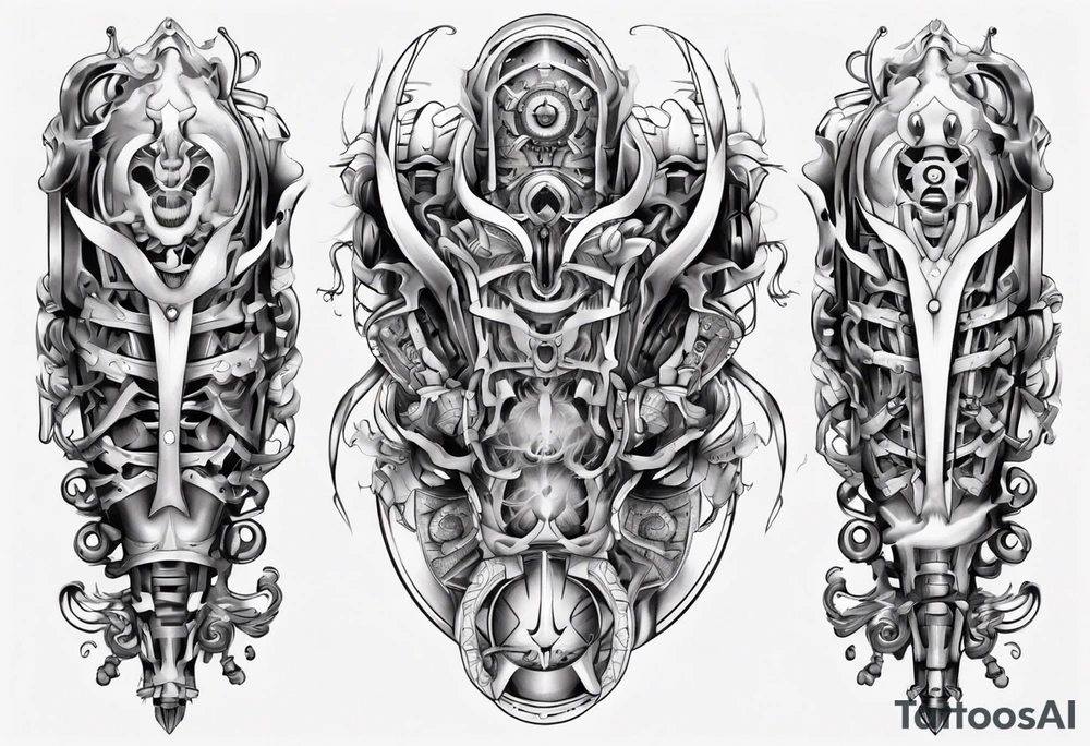 Leg armor mechanical symmetrical tattoo idea