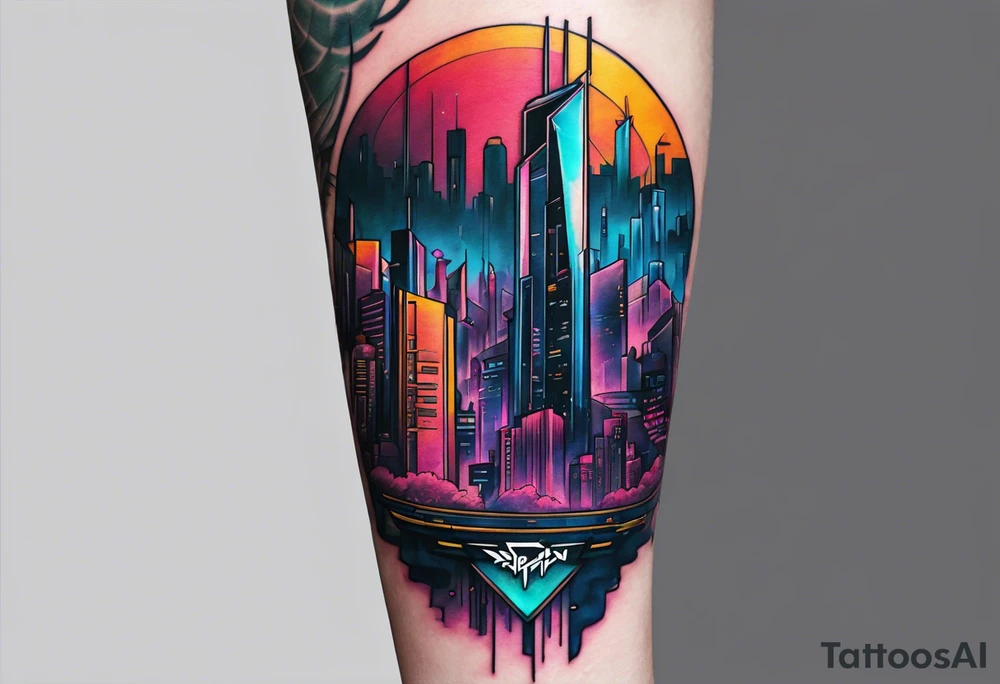 cyberpunk 2077, forearm tattoo, geometric, subtle, men, city skyline tattoo idea