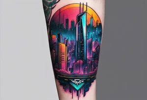 cyberpunk 2077, forearm tattoo, geometric, subtle, men, city skyline tattoo idea