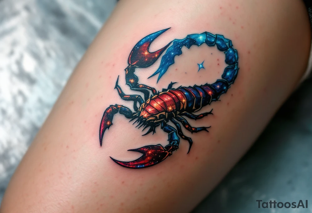 Scorpius astrology symbol stretches its body across the cosmos to a star constellation, with stingers twinkling in icy blue and fiery red. tattoo idea