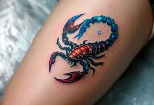 Scorpius astrology symbol stretches its body across the cosmos to a star constellation, with stingers twinkling in icy blue and fiery red. tattoo idea