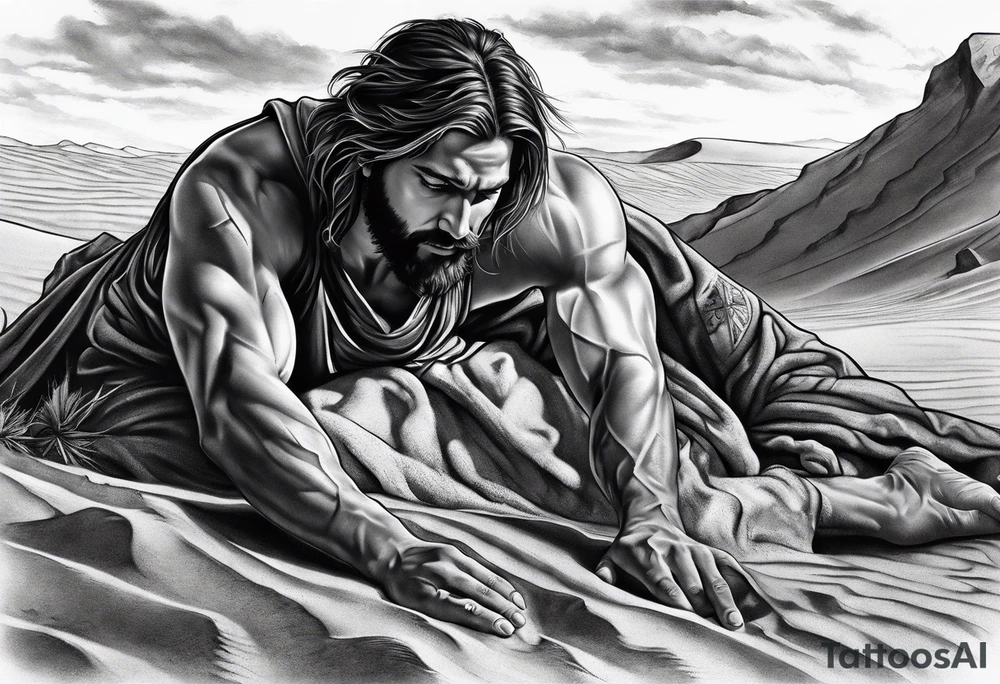 man crawling in a desert reaching to the cross of Christ tattoo idea