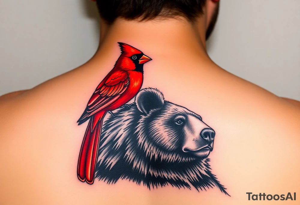 Realistic bright red cardinal perched on the shoulder of a realistic black bear. tattoo idea