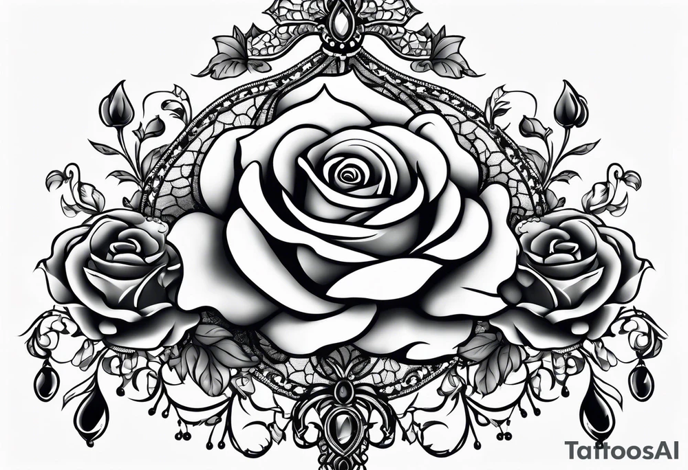 A chandelier style rose with Gothic Victorian lace on shoulder tattoo idea