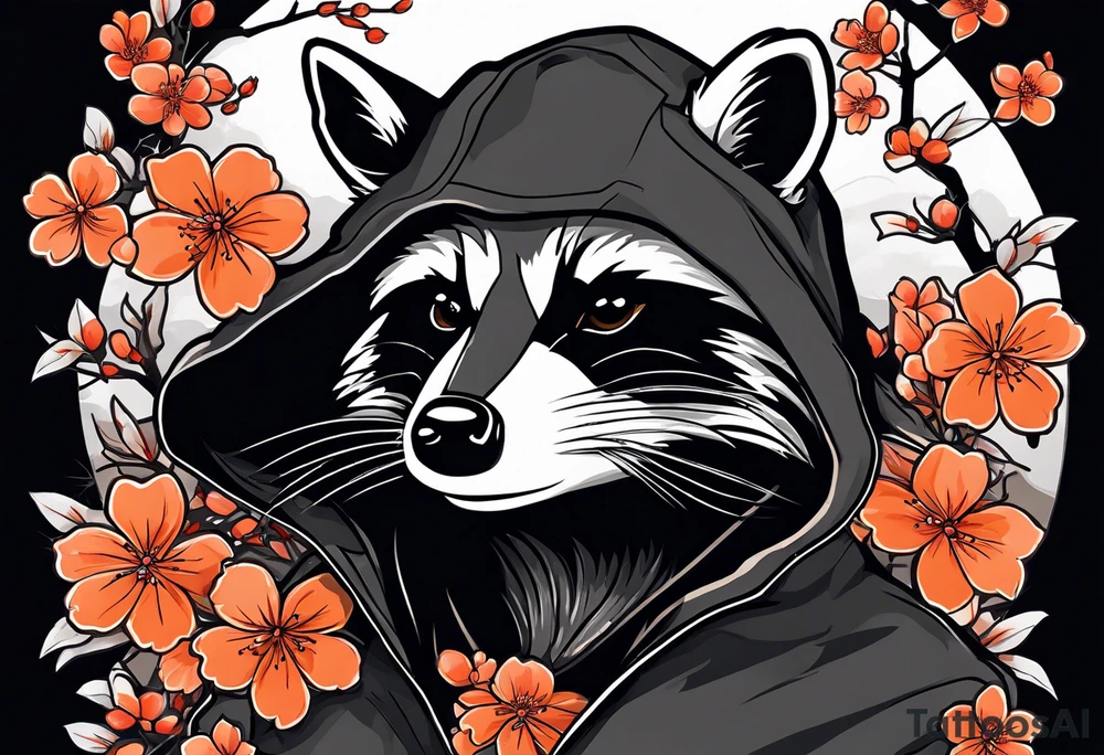 Raccoon wearing a white Superman logo on a black hoodie and orange Japanese cherry blossoms beside tattoo idea