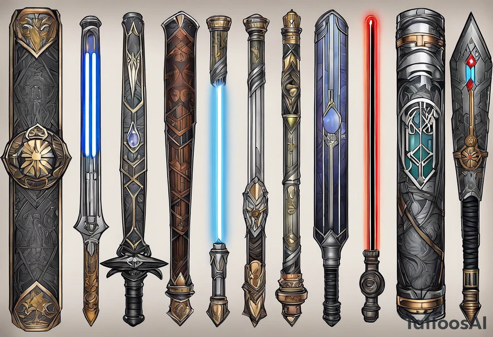 Star wars light saber, lord of the rings fellowship, and Harry potter with Harry Hermione and Ron.  In one tattoo idea